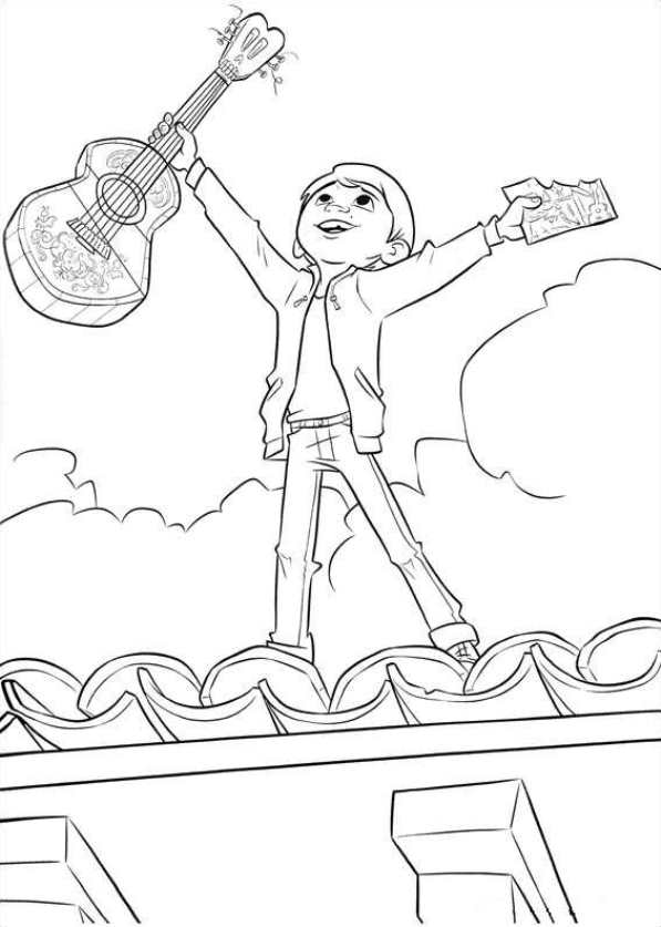 Coloriage Miguel Sur Le Toit De La Maison Avec Sa Guitare Liberté - Coco Disney à imprimer